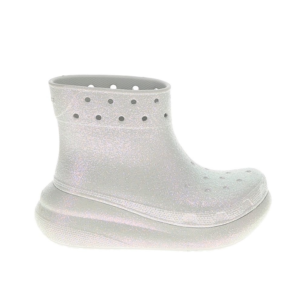 Crocs Unisex Crush Platform Rain Boots in a glittered light silver finish. W9